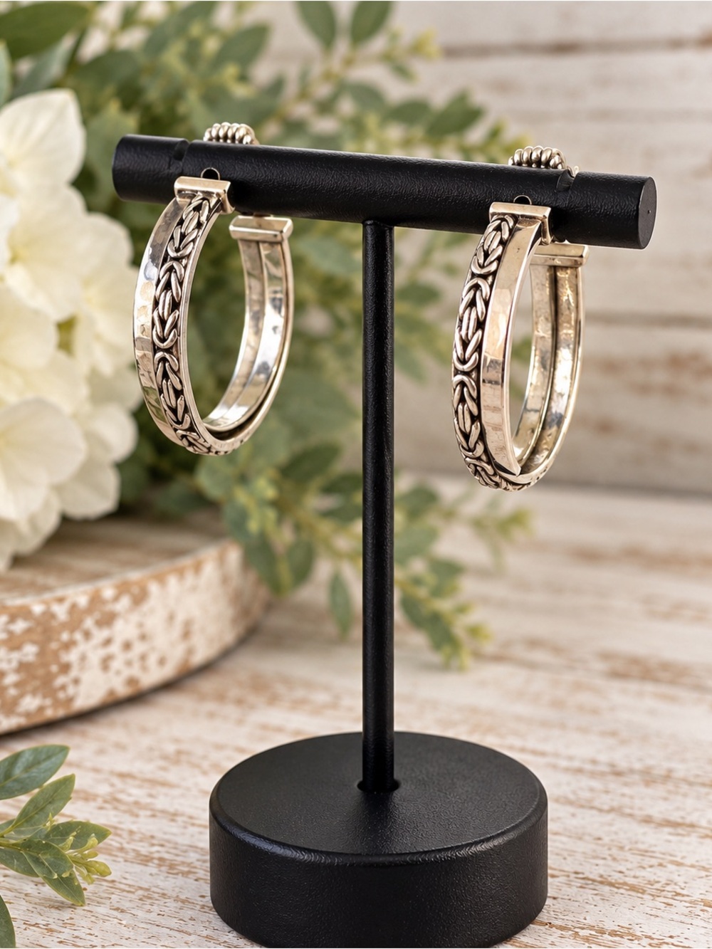 Lois Hill Vintage Sterling Silver Byzantine & Hammered Hoop Earrings